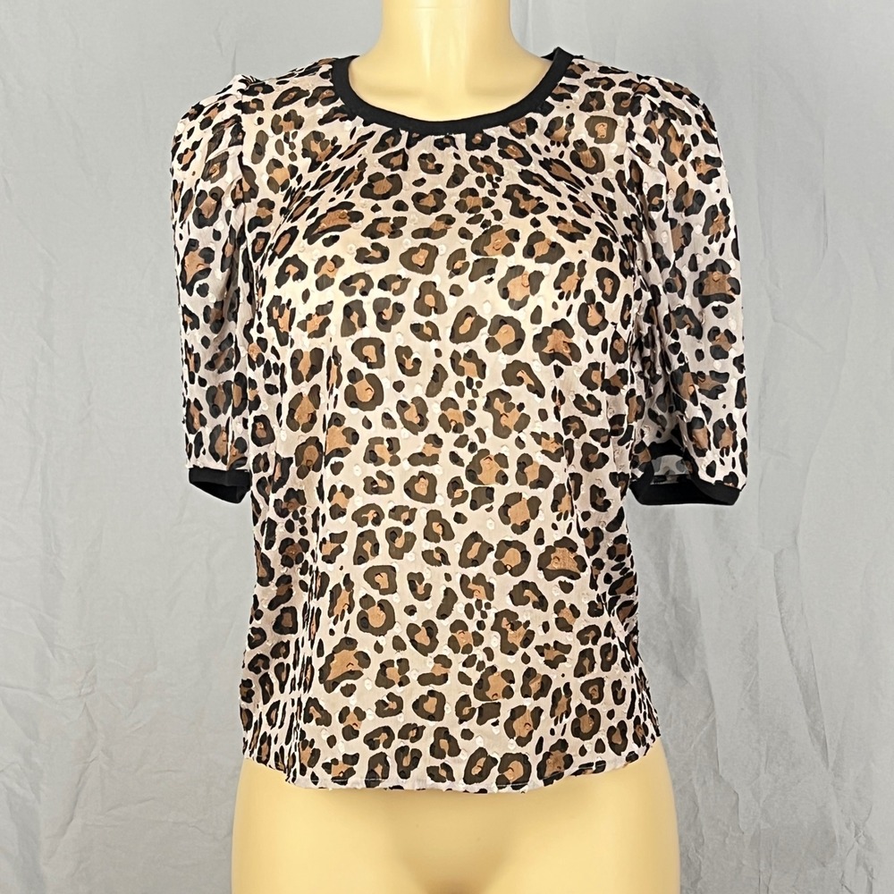 Sheer Leopard Print Blouse Womens Small Puff Sleeve Brown Animal Print Top